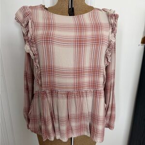 LOFT Pink Plaid Ruffle Blouse